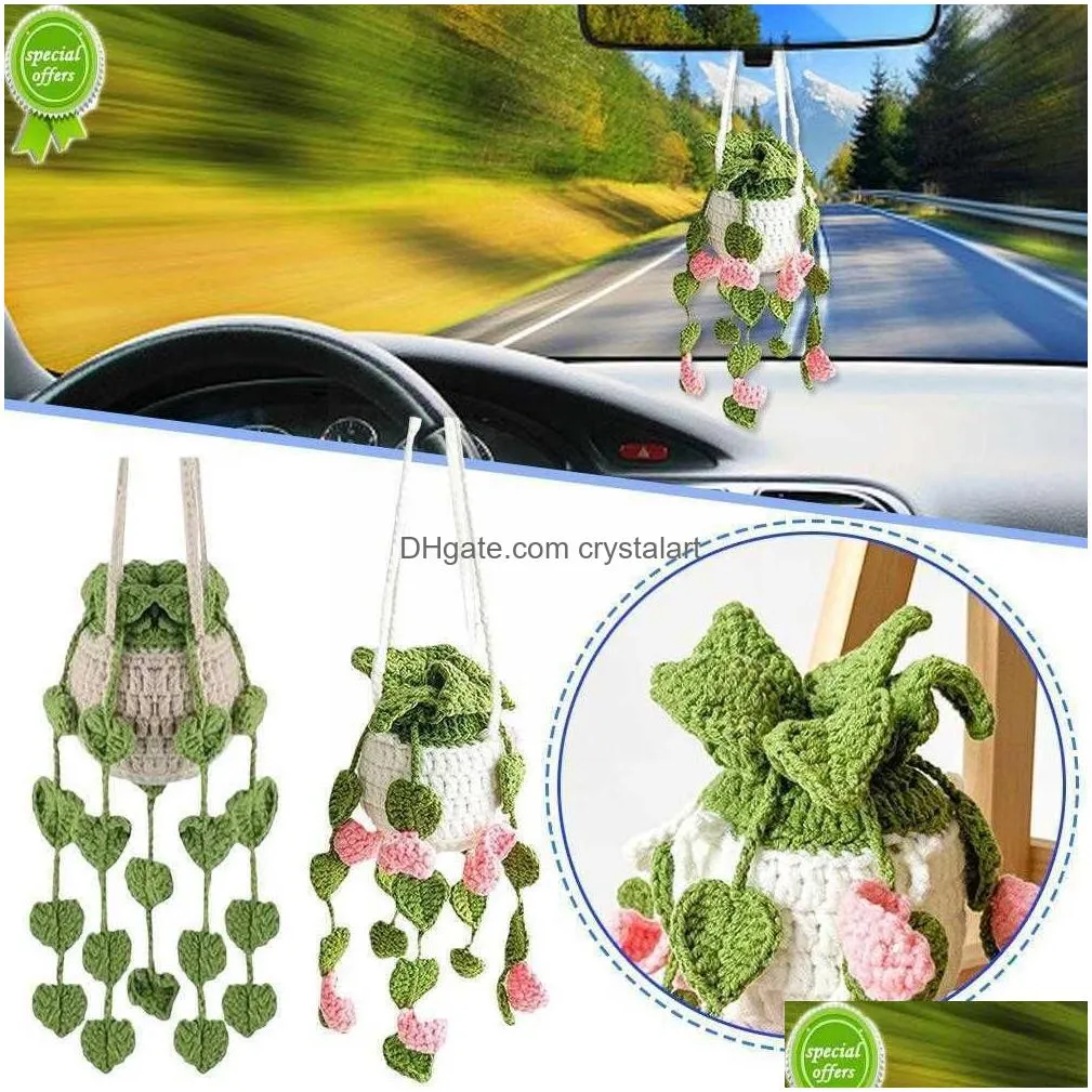 car mounted rearview mirror simulation green  potted decoration car plant crochet hanging basket hanging plant for car w3d1