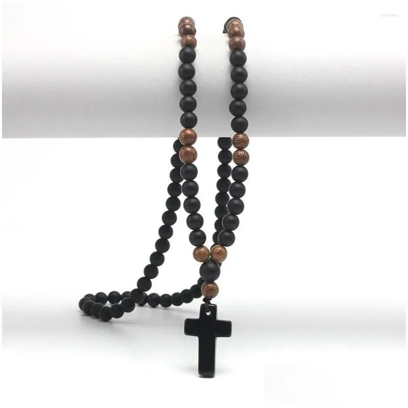pendant necklaces natural stone 8mm obsidien and wood round beads mens necklace with cross handmade jewelry