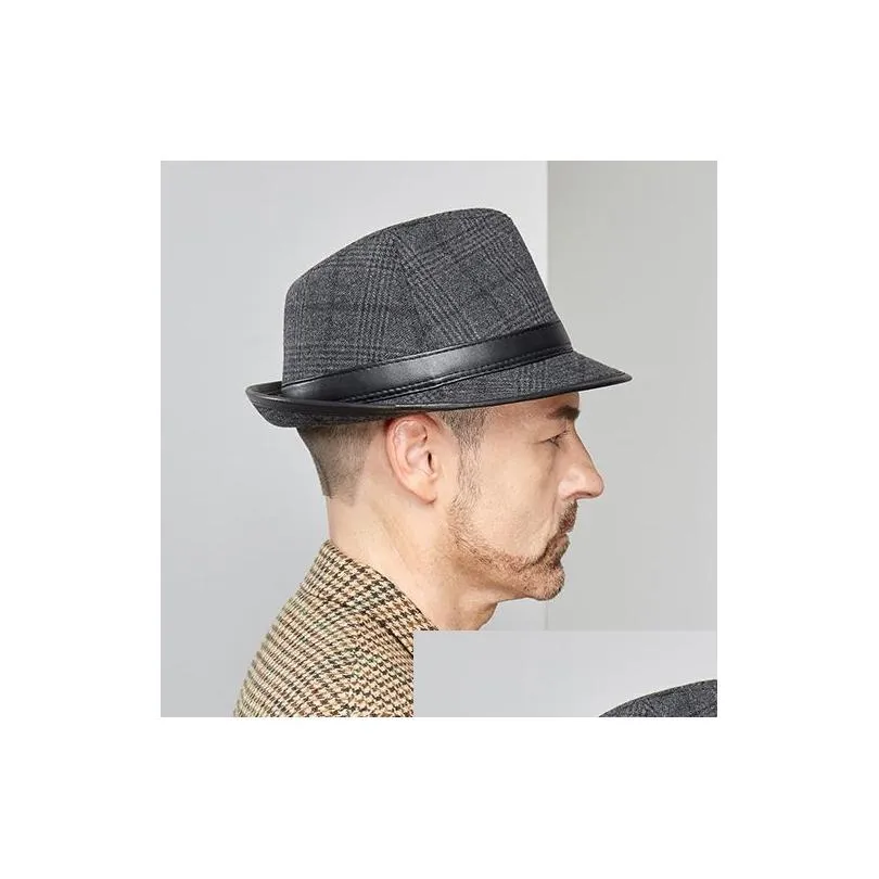 Berets Panama Hat Men Winter Genuine Leather Blet Woolen Gentleman Jazz Fedora Caps Male Plaid Top Casual British Retro Sombrero