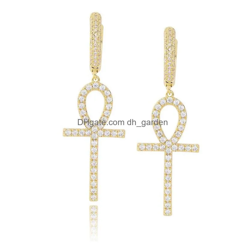 ankh key dangle earrings hip hop jewelry gold silver fashion mens diamond zircon cross earring