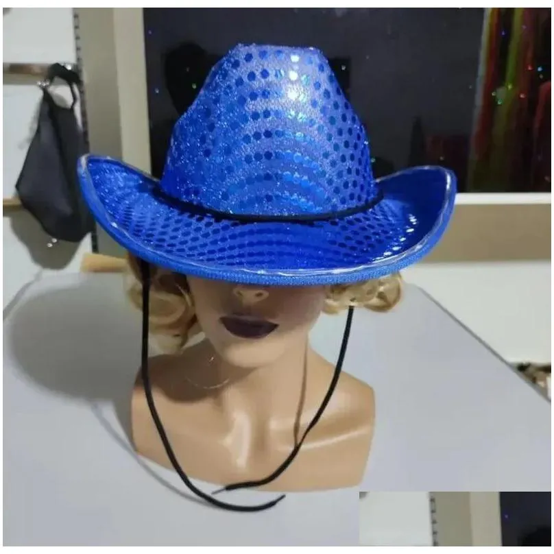 party hats space cowgirl led hat flashing light up sequin  hats luminous caps halloween costume supply