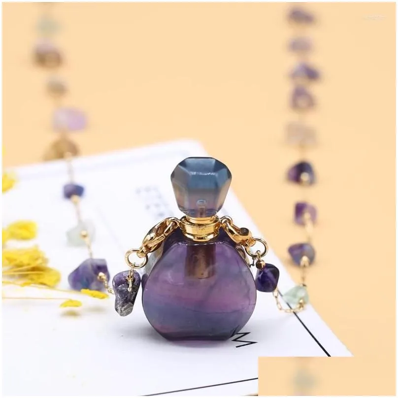 Pendant Necklaces Natural Stone Perfume Bottle Necklace  Oil Diffusers Amethysts Gravel Chain Charm For Jewerly Accessories