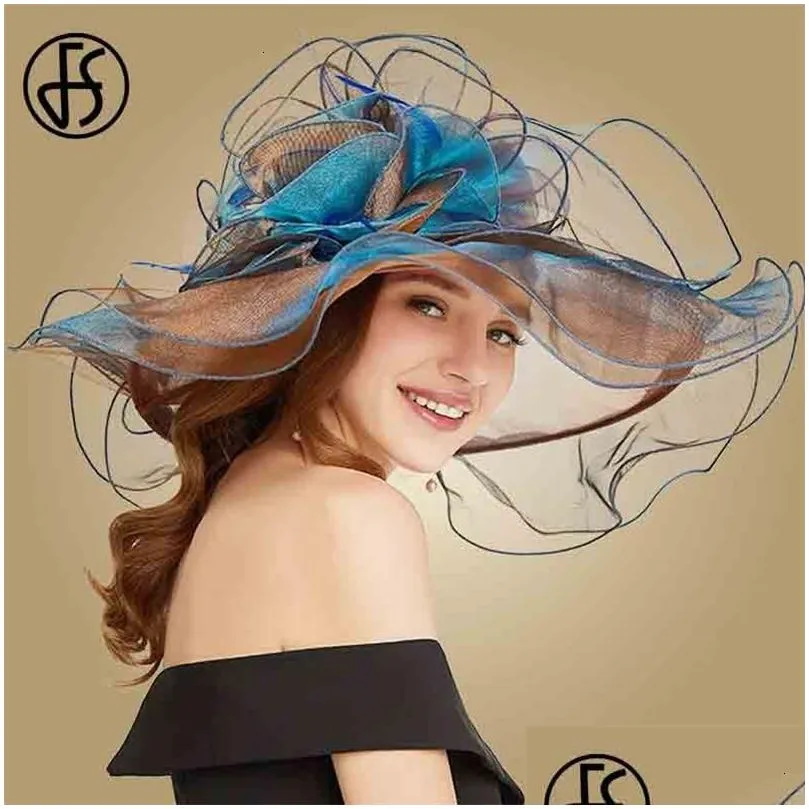 wide brim hats bucket fs pink hat for women organza sun flowers elegant large ladies wedding church fedoras 230424