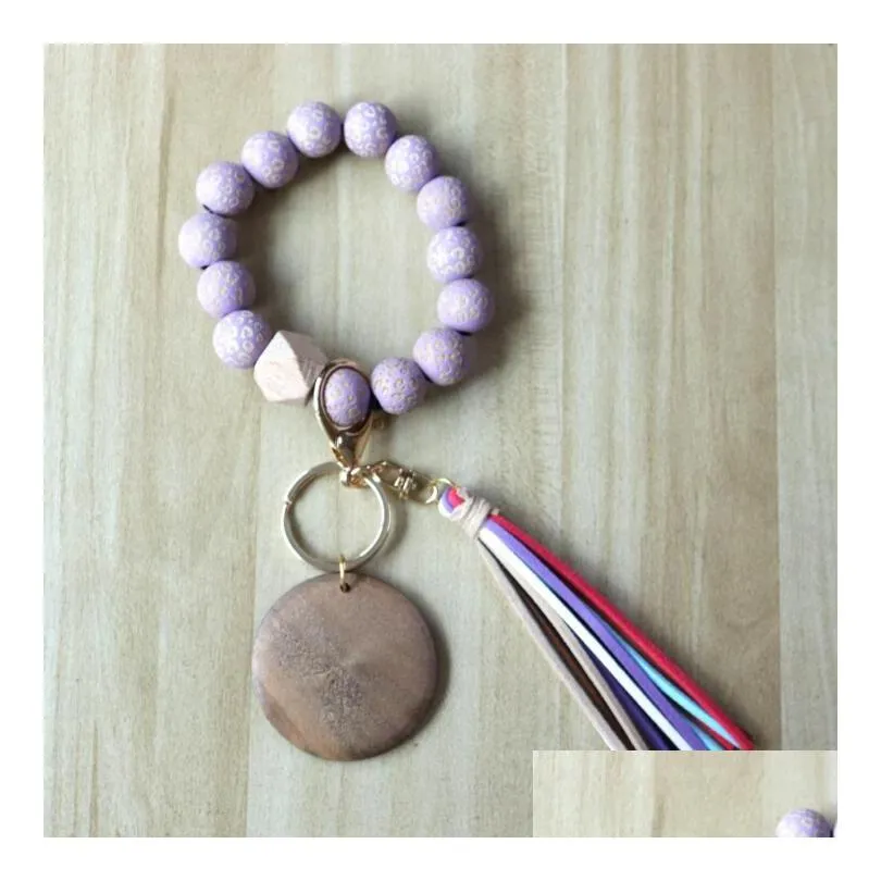 fashion wooden beads bracelet craft carved keychain blank disc tassel keyring pendant multi-color bag decorative keyrings