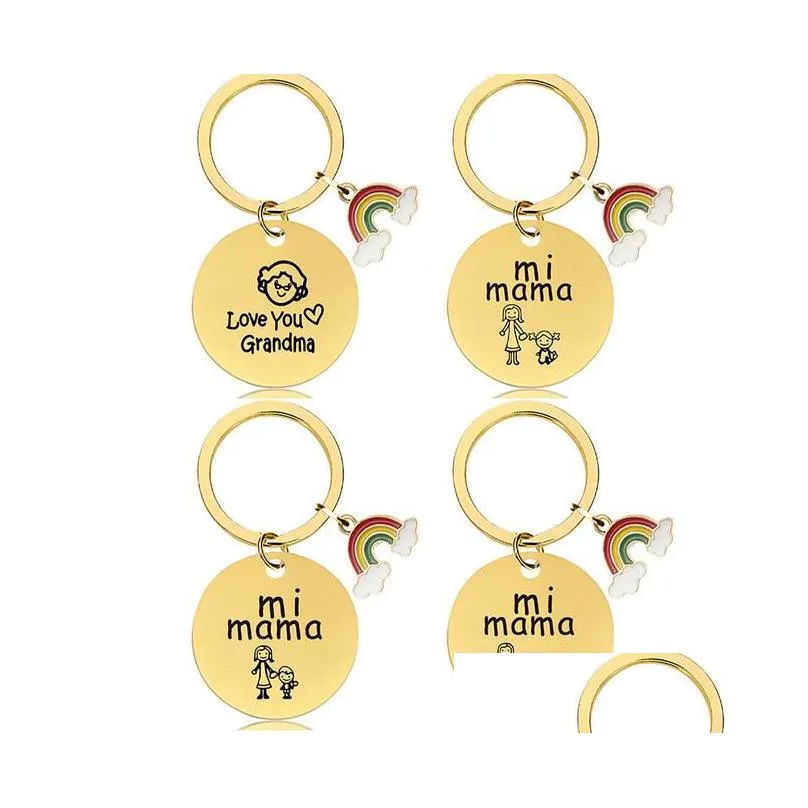 18 styles mother`s day rainbow round keychain gift gold stainless steel round metal key chain with lettering for mama holiday gifts