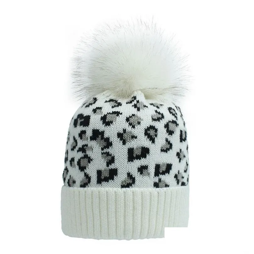 Beanie/Skull Caps Women Hat Leopard Print Warm Knitted Beanies For Ladies Fur Ball Autumn Winter Female Cap Black White 20211