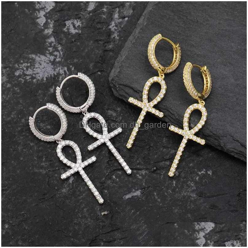 ankh key dangle earrings hip hop jewelry gold silver fashion mens diamond zircon cross earring