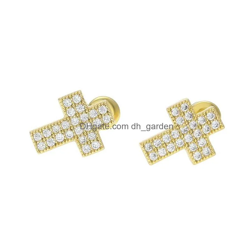 mens hip hop stud earrings jewelry high quality fashion gold silver zircon cross earring for men