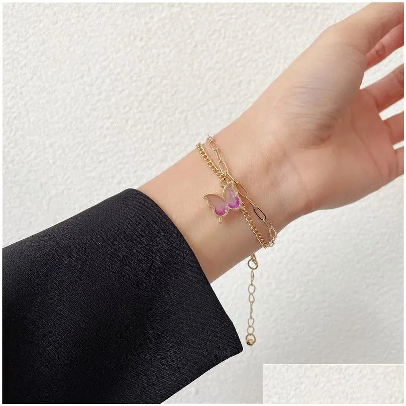 butterfly bracelet gradient ramp double layer chain simple generous feminine full colour animal charm pendant bangle alloy