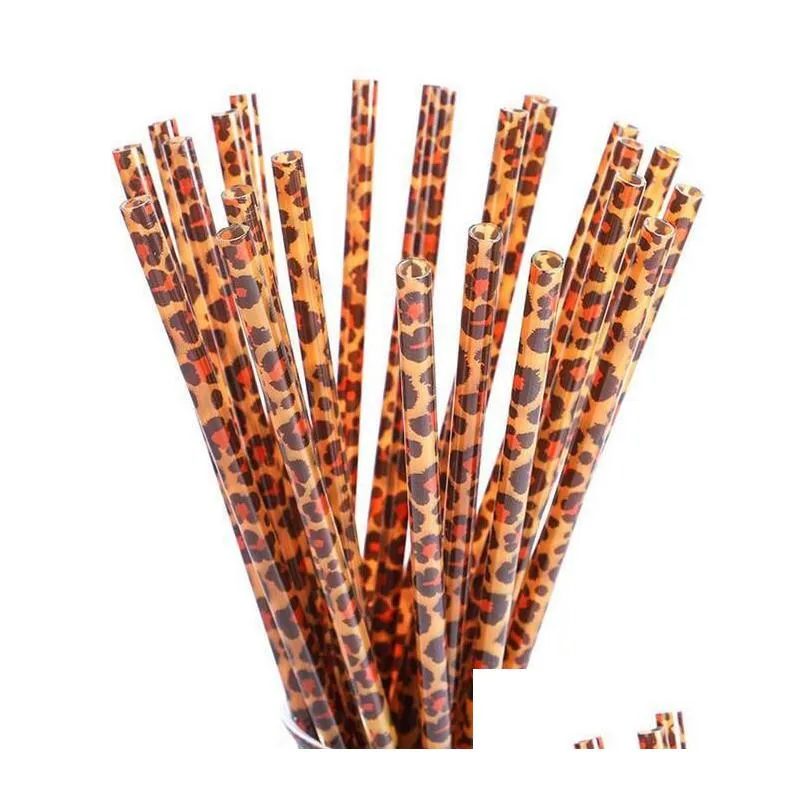 23cm*7mm pp plastic brown leopard drinking straws fashion printing straight straw reusable restaurant bar supplies wholesale