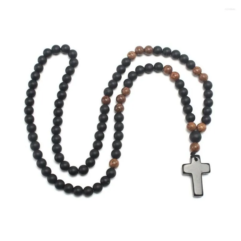 pendant necklaces natural stone 8mm obsidien and wood round beads mens necklace with cross handmade jewelry