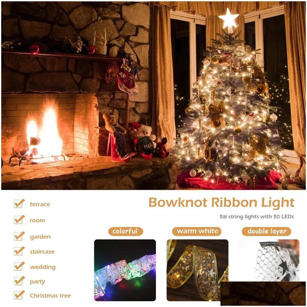 50 led 5m double layer fairy lights strings christmas ribbon bows with led christmas tree ornaments new year navidad home decor