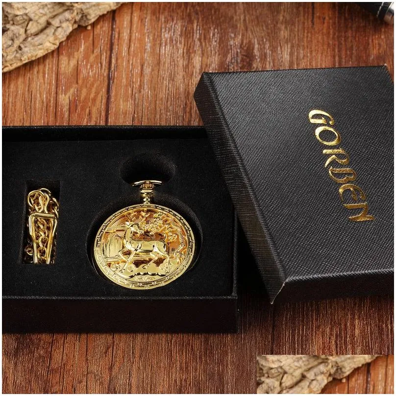 2021 Gold Clock Flower Deer Carving Design Mechanical Pocket Watch FOB Waist Chain Skeleton Hollow Steampunk Men