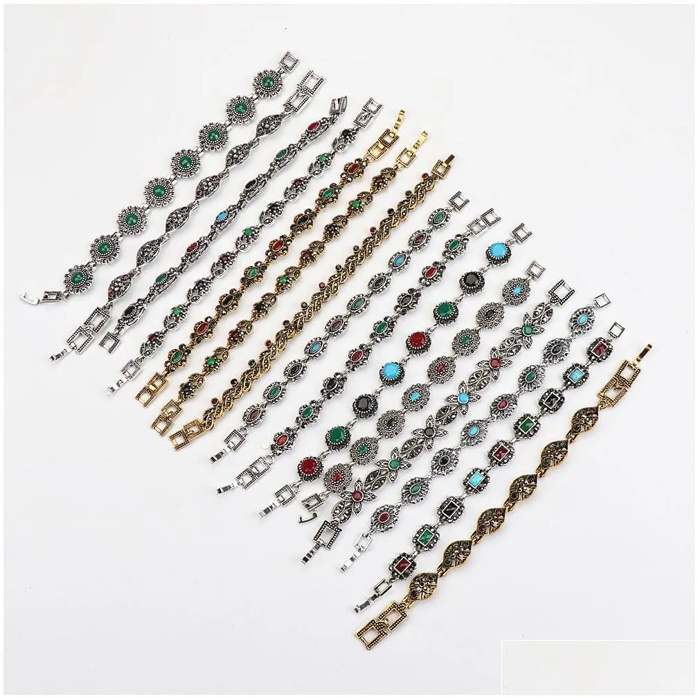 chain wholesale 10pcs lots bulk vintage metal bohemian ethnic crystal charm bracelet for women party gift mix style 230506