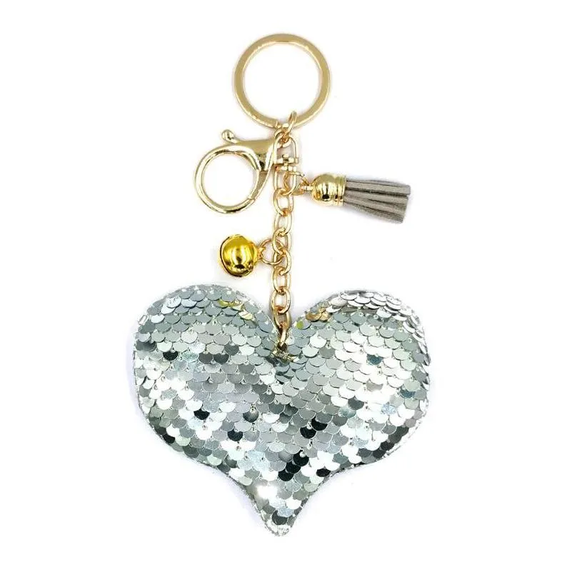 cool sequin keychain peach heart love tassel bell keychain male and female personality car bag fashion ornaments small gift