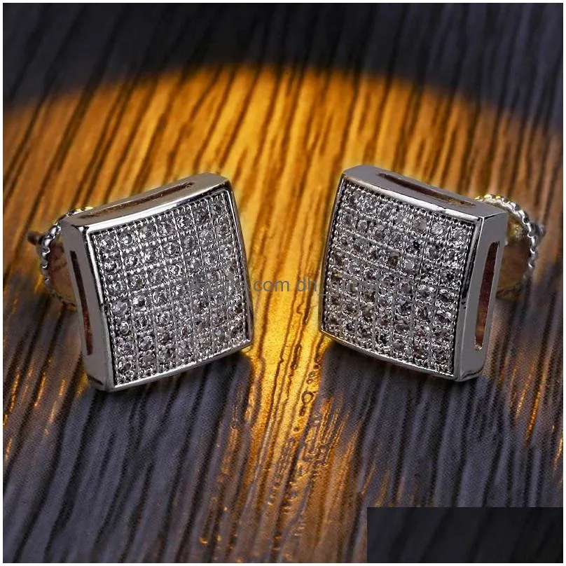 mens hip hop stud earrings jewelry fashion gold silver simulated diamond square earring for men