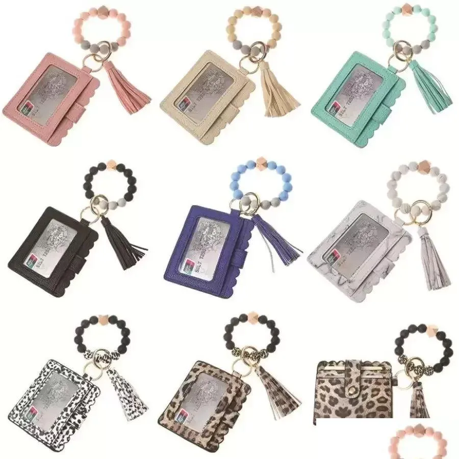 us stock pu leather bracelet wallet keychain party favor tassels bangle key ring holder card bag silicone beaded wristlet keychains