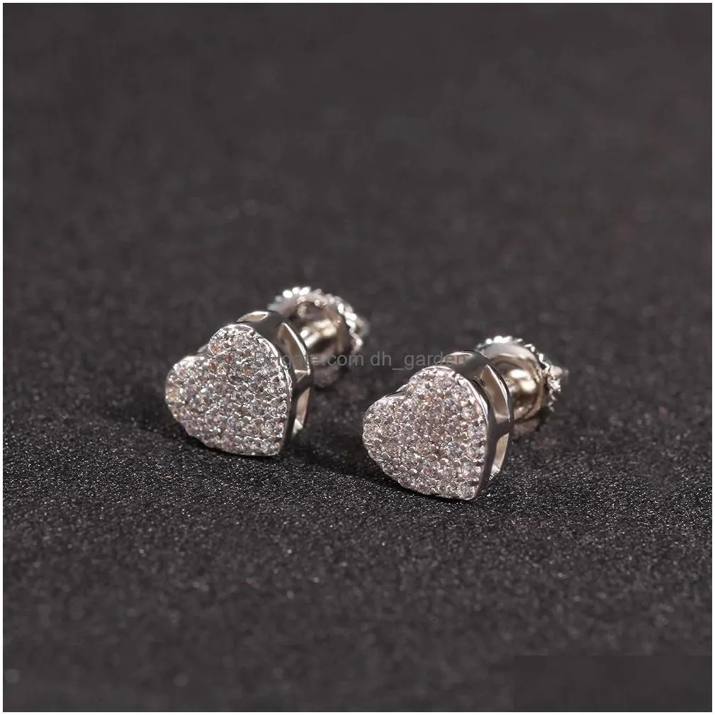 mens hip hop stud earrings jewelry womens fashion gold 925 silver heart diamond earrings