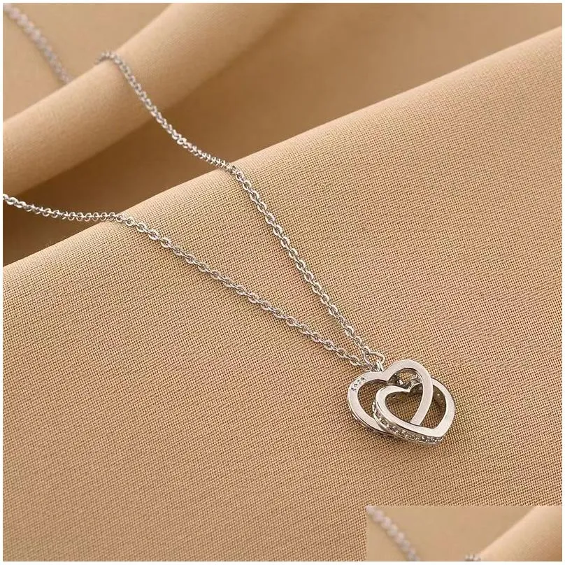 classic love necklaces double heart shape rings pendant diamond clavicle chain fashion ladies torque couple gift jewelry accessories no