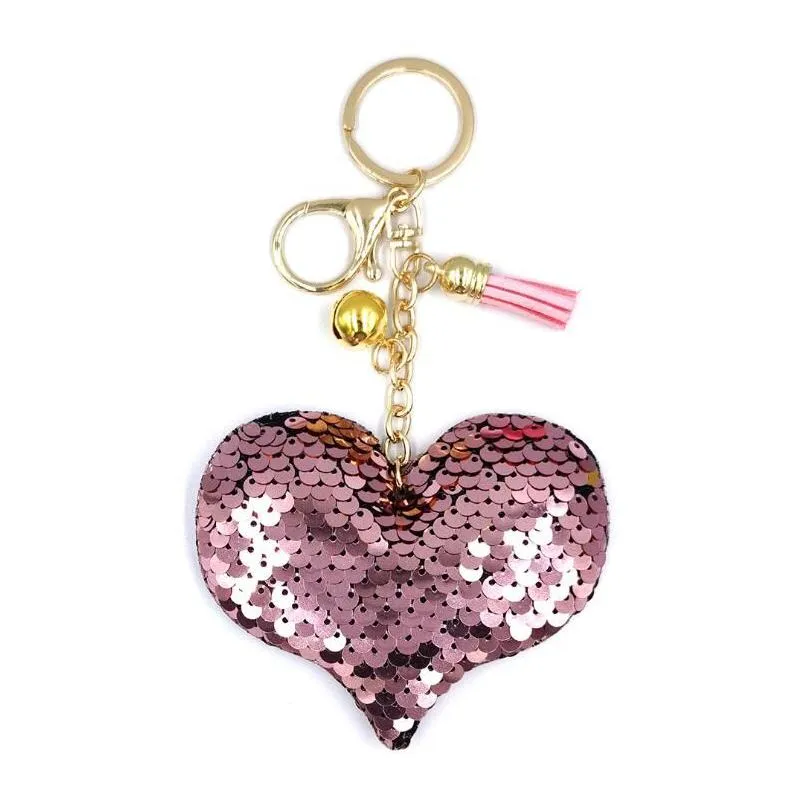 cool sequin keychain peach heart love tassel bell keychain male and female personality car bag fashion ornaments small gift