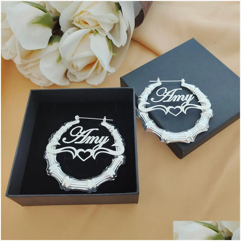 hoop huggie 30mm 100mm bamboo earrings customize name custom style personality with heart shaped with gift box 230407