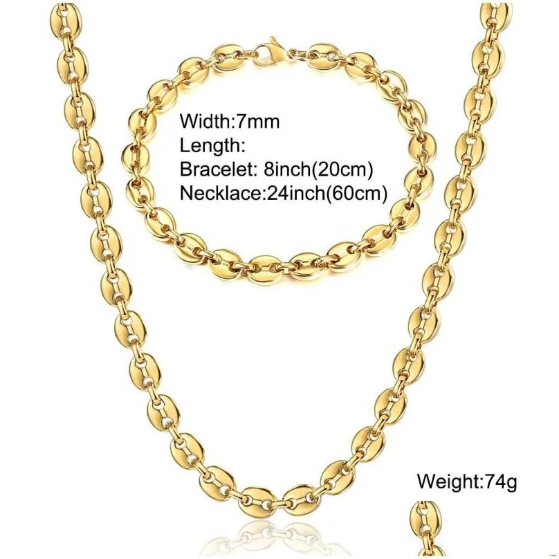 Earrings & Necklace Stainless Steel Coffee Beans Bracelet Set For Men Women 7/9/11mm Gold Color Marina Link Chain Jewelry Sets LKS252