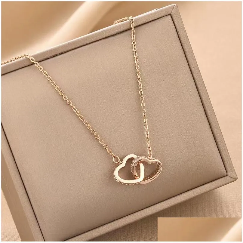 classic love necklaces double heart shape rings pendant diamond clavicle chain fashion ladies torque couple gift jewelry accessories no