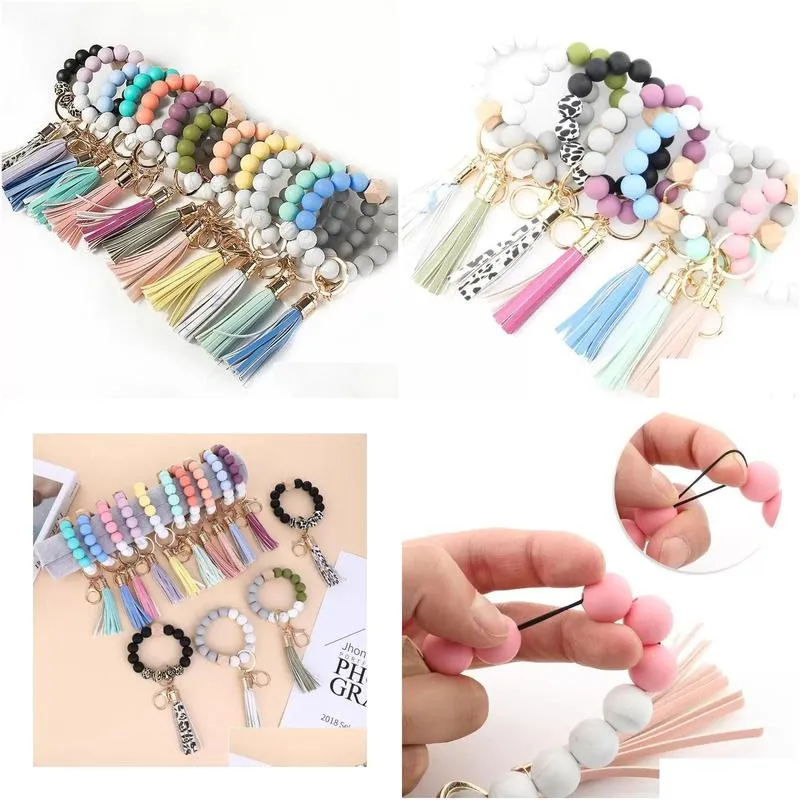 stock party favor wooden tassel bead string bracelets keychain silicone beads women girl key ring wrist strap for car chain wristlet beaded portable gifts