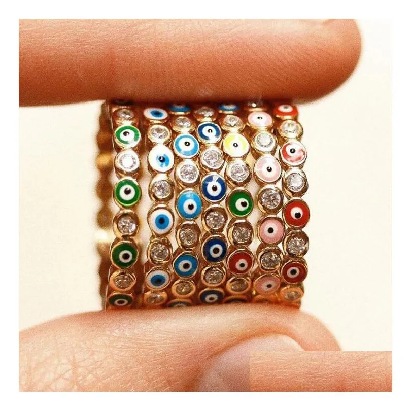 7 colors bohemian multicolor evil eye rhinestone filled gold band rings for women vintage ladies midi kunle finger ring beach jewelry christmas