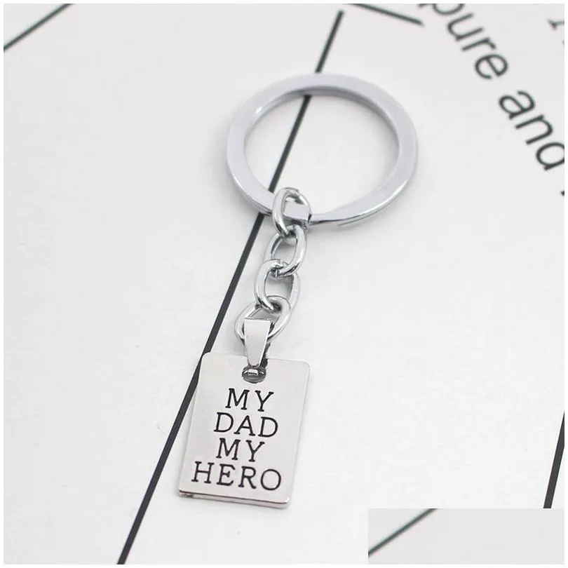 Silver Plated Creative Carved My Dad My Hero Letters Pendant Keychain Key Rings Car Keychains Father`s Day Gift