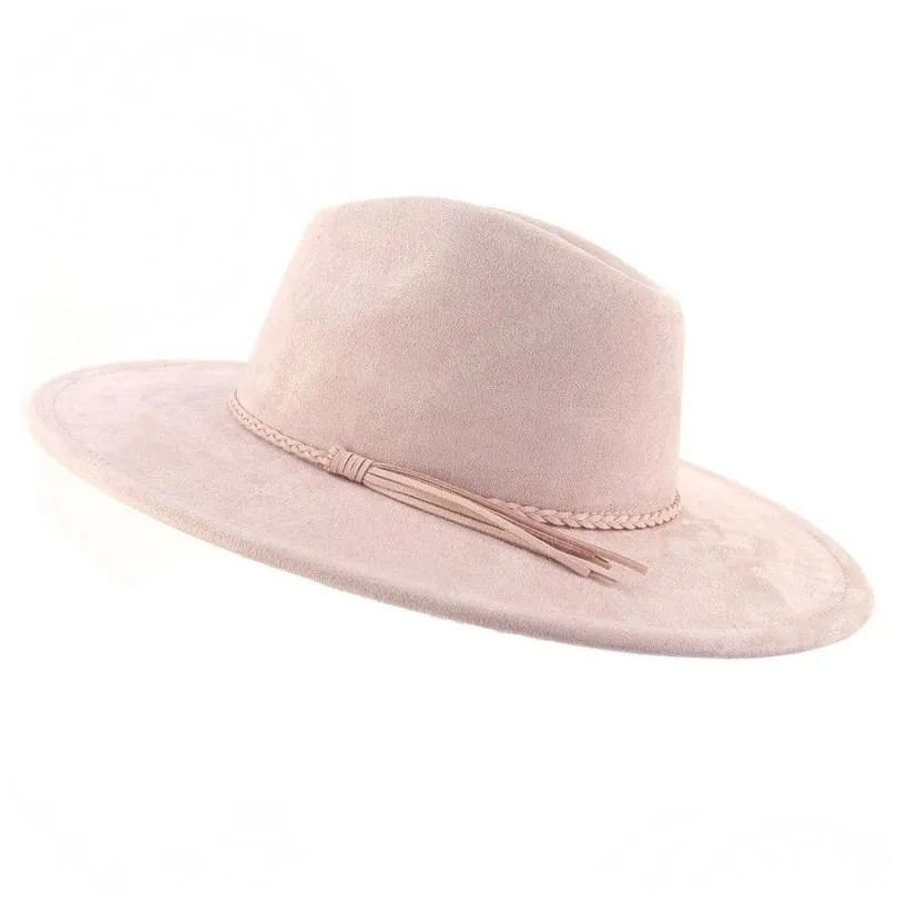 Classical Suede 9.5CM Wide Brim Fedora Hat For Women Men Church Jazz Hats Wedding Decorate Formal Dress Ca