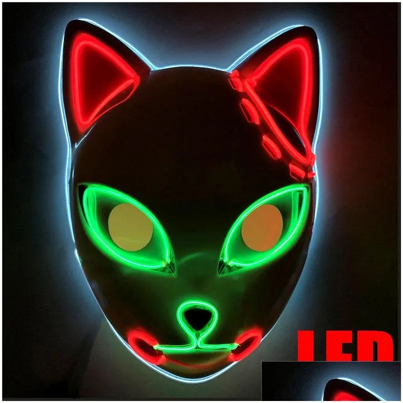2022 led glowing cat face mask cool cosplay neon demon slayer fox masks for birthday gift carnival party masquerade halloween