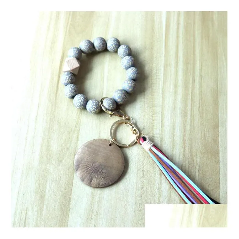 fashion wooden beads bracelet craft carved keychain blank disc tassel keyring pendant multi-color bag decorative keyrings