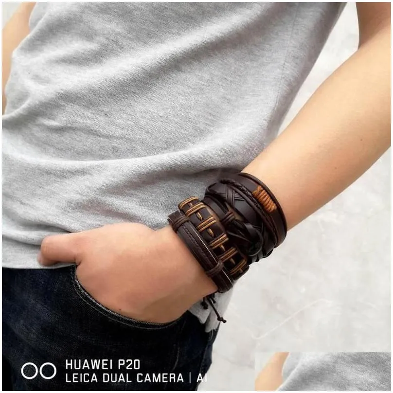 charm bracelets trendy 5pc men bohemian multilayer leather handmade braided leaf star rope wrap male fashion beach gifts