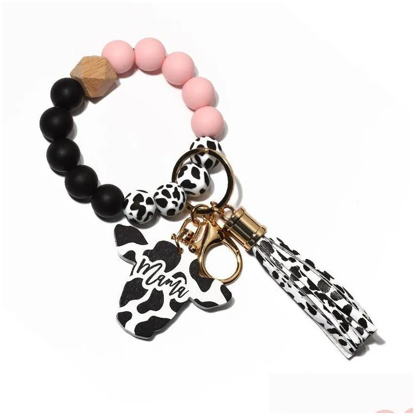 party favor silicone cursive cow bead bracelet wood disk bracelet keychain cow tassel ox head wrist key ring charm pendant accessory wholesale