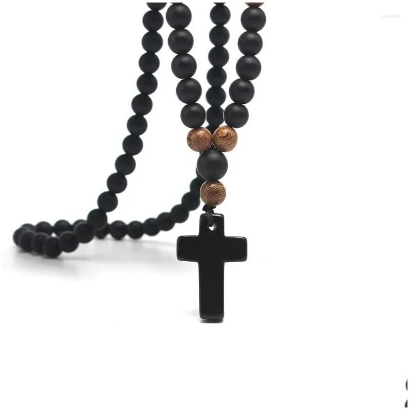 pendant necklaces natural stone 8mm obsidien and wood round beads mens necklace with cross handmade jewelry