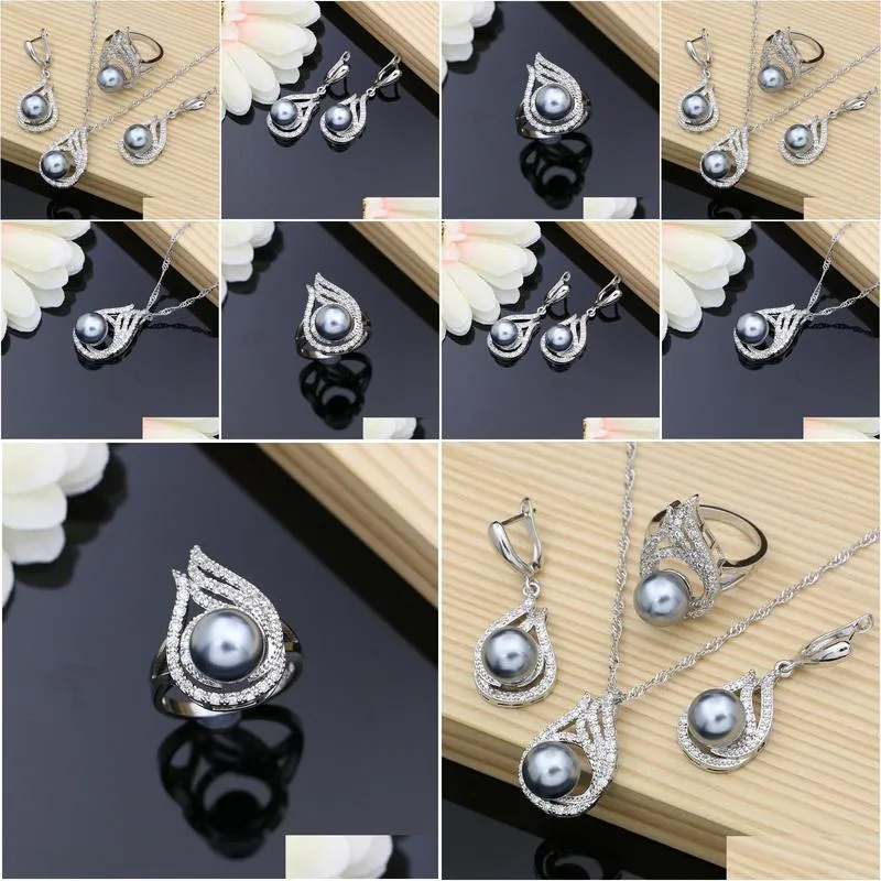 gray pearl bridal jewelry sets drop earrings with cz stone 925 silver women ring necklace set