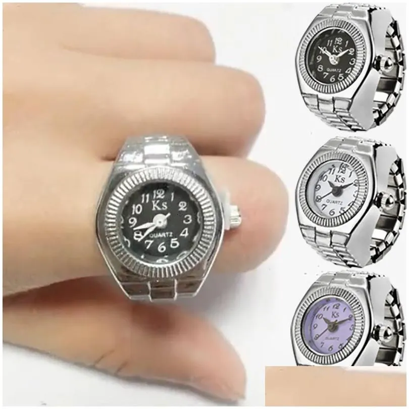 wedding rings vintage punk finger watch mini elastic strap alloy es couple jewelry clock retro roman quartz ring women girls 230407
