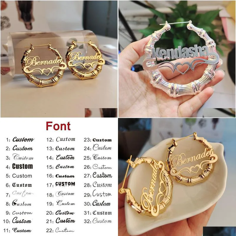 hoop huggie 30mm 100mm bamboo earrings customize name custom style personality with heart shaped with gift box 230407