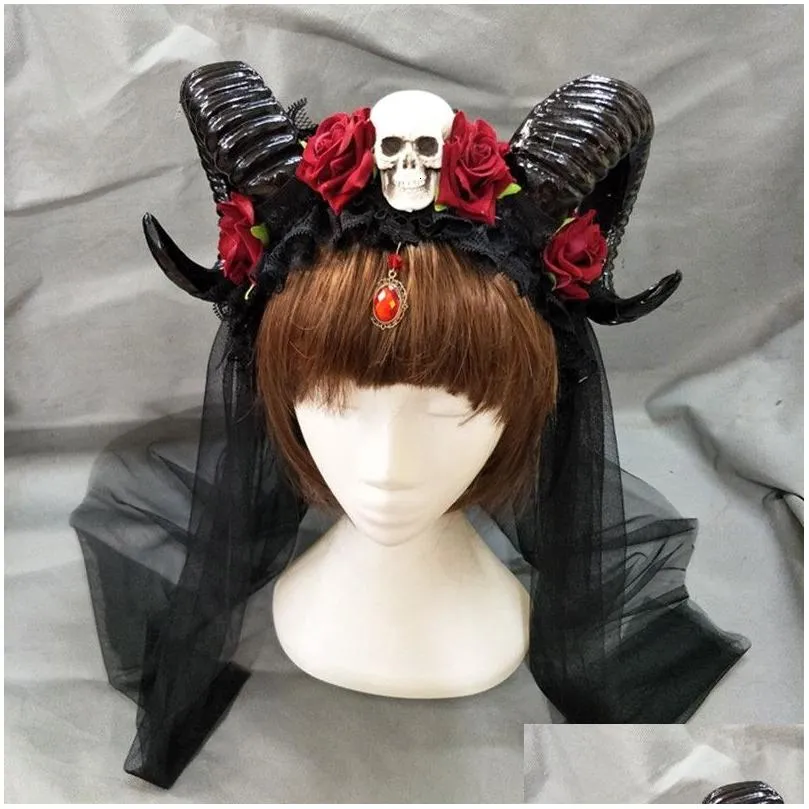 headwear hair accessories cosplay gothic demon horns headbands halloween skull accessory devil floral headpiece fancy dress 230313