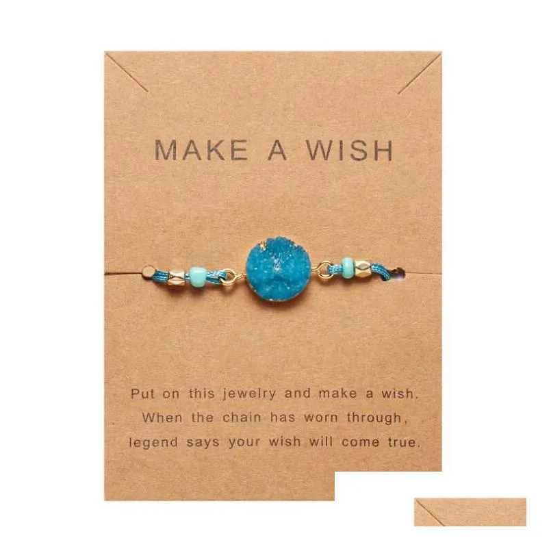 8 colors handmade woven natural stone bangle lucky rope bracelet make wish adjustable paper card ropes friendship fashion jewelry