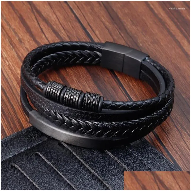 charm bracelets luxury classic multi-layer style hand-woven winding stainless steel mens leather bracelet with magnet clasp for