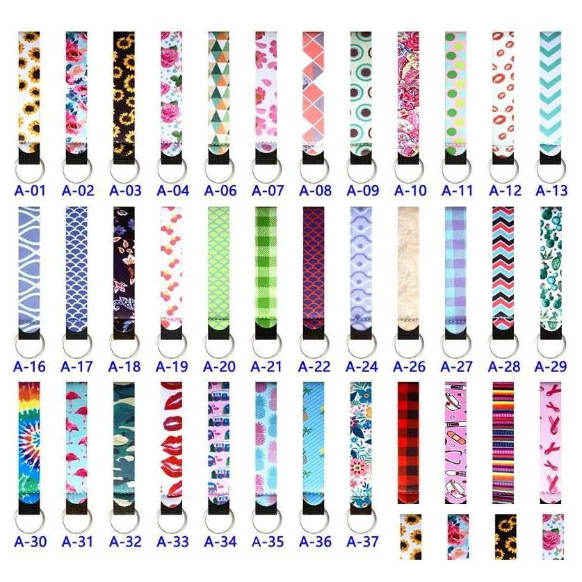 117 Colors Neoprene Wristlet keychain Wrist Key Belt More Design Strip Leopard Pure Color Phone Lanyard Keyrings Long Diving Material