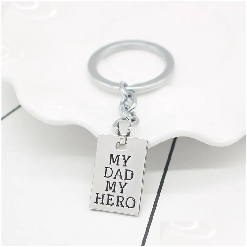Silver Plated Creative Carved My Dad My Hero Letters Pendant Keychain Key Rings Car Keychains Father`s Day Gift