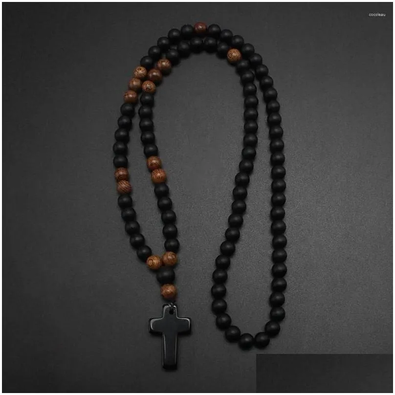 pendant necklaces natural stone 8mm obsidien and wood round beads mens necklace with cross handmade jewelry