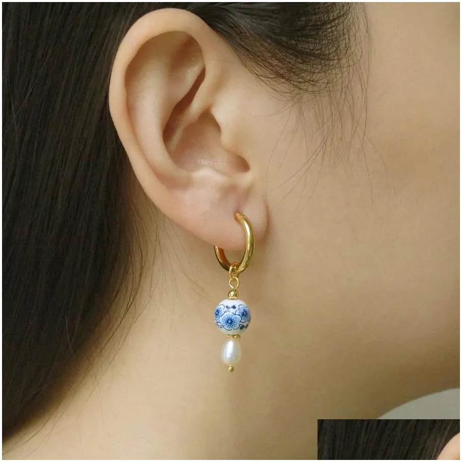 hoop huggie asymmetric handmade round heart flower ceramic and pearl earrings for women golden color stainless steel circle 230424