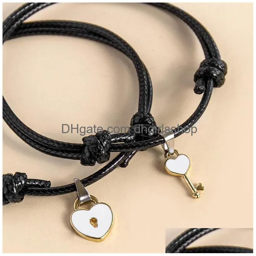 couple trendy bracelet for friend lock key design black color rope bracelet wholesale jewelry 2 pcs set