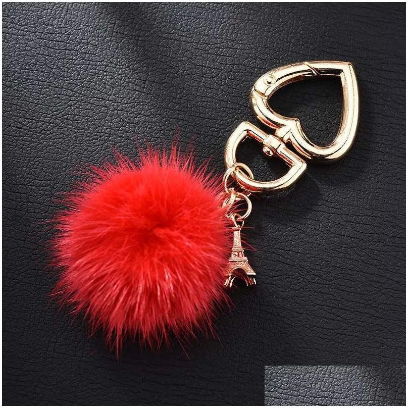 fur ball heart key chain with iron tower charm for women bag keyring holder jewelry pendant
