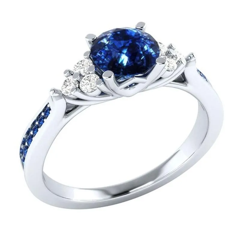 Fashion Big Blue Stone Ring Charm Jewelry Women CZ Wedding Promise Engagement Ladies Accessories Gifts