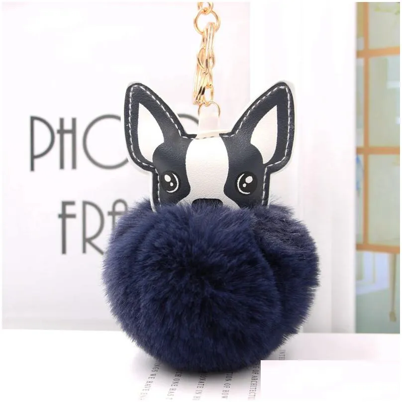 lovely pompom bulldog keychain fluffy rabbit fur ball dog charm leather keyring women bag car key ring